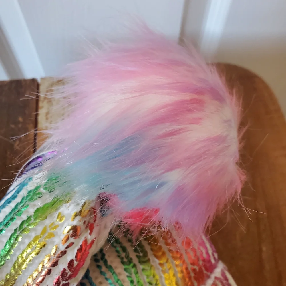 Place White Beanie with Rainbow Stripes
